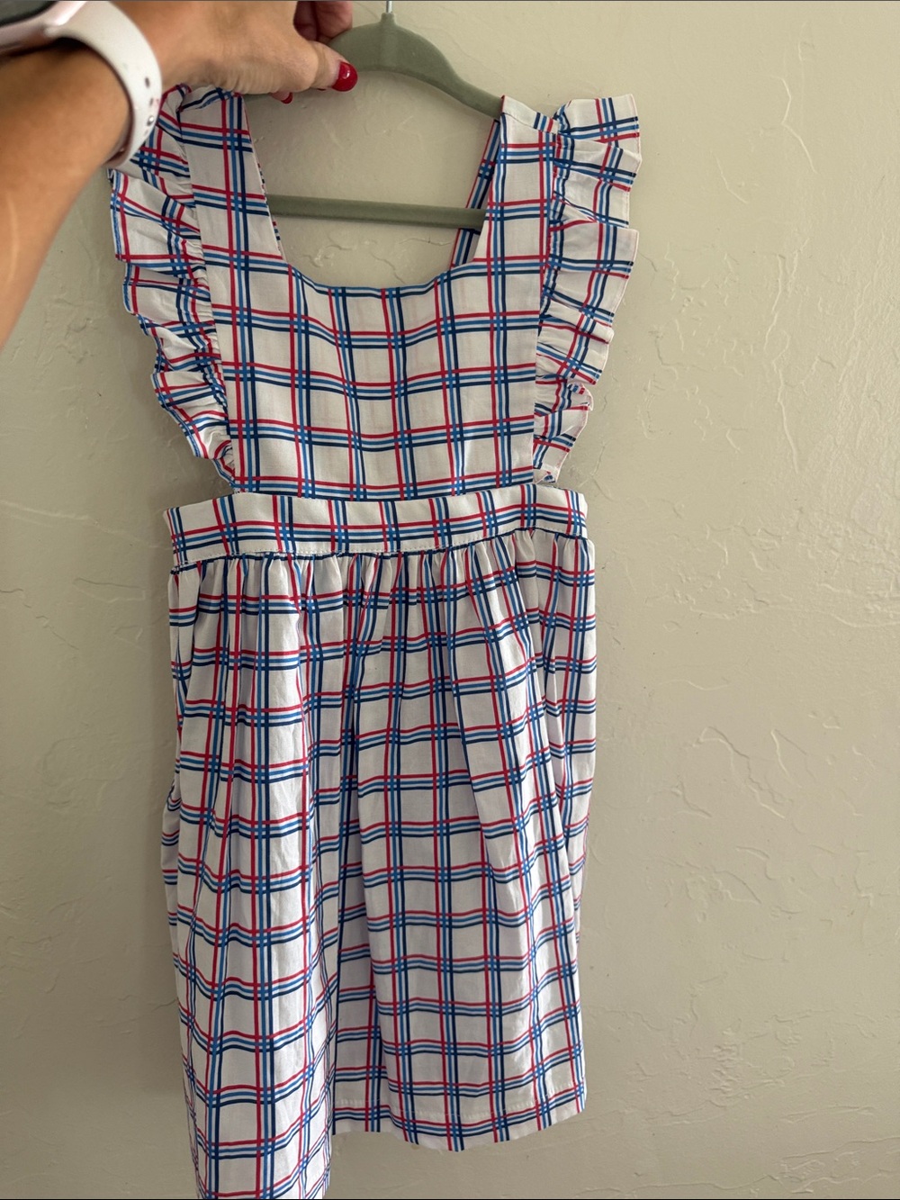 Girls White Plaid Ruffle Strap Dress - Red & Blue